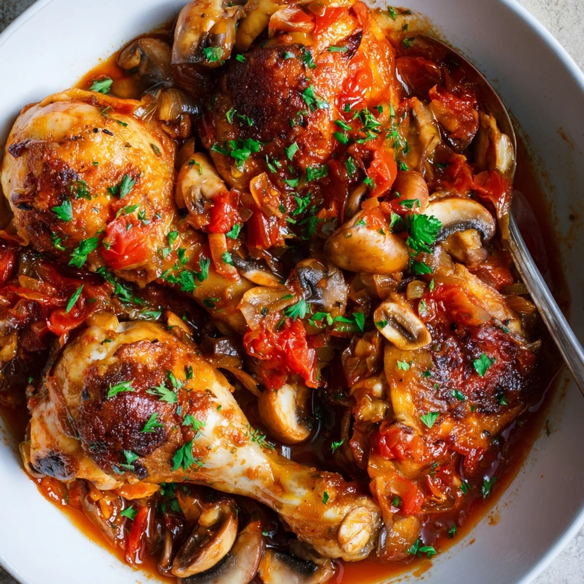 Rustic Chicken Chasseur in skillet, tender thighs simmered in tomato-mushroom sauce