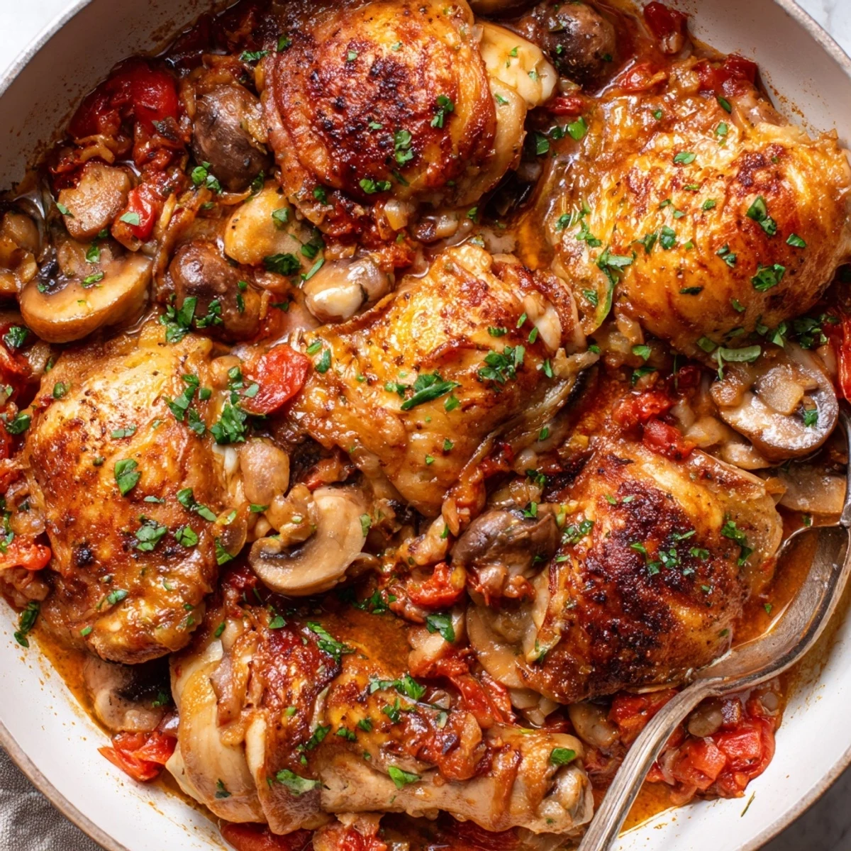 Hearty Chicken Chasseur served over buttered noodles, aromatic tarragon and sautéed mushrooms