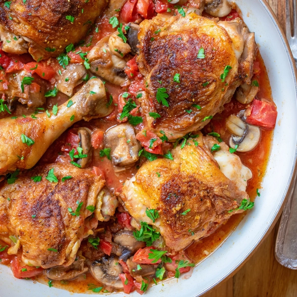 Pan-seared chicken thighs in Chicken Chasseur, glossy tomato-wine sauce with crusty bread