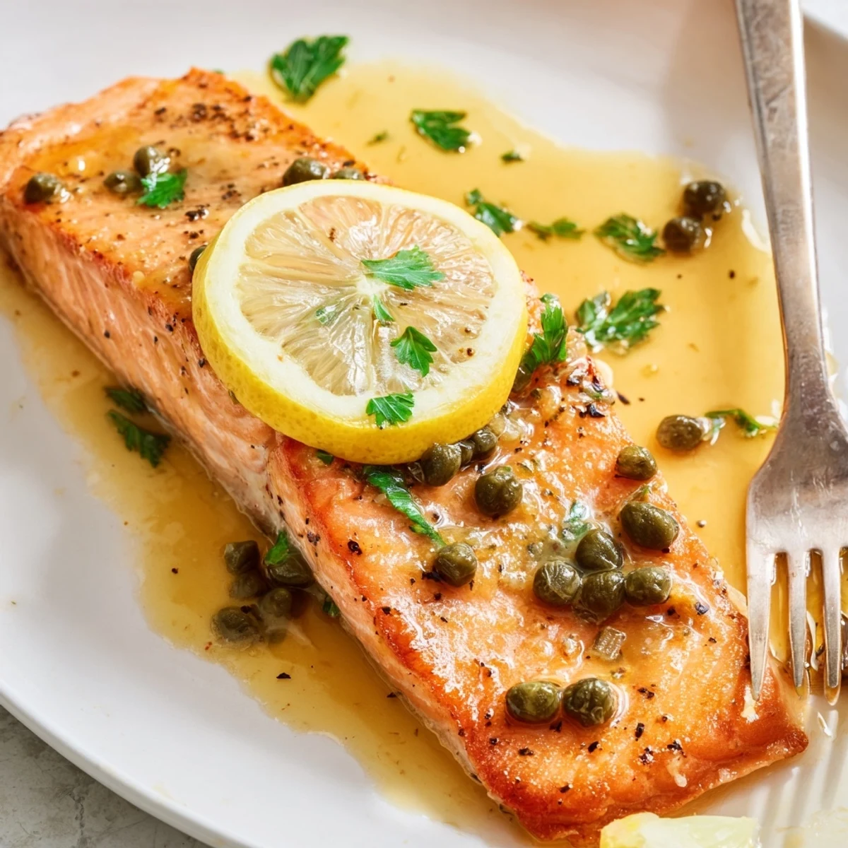 Pan-seared Salmon Piccata glistening in tangy lemon caper sauce, garnished with parsley