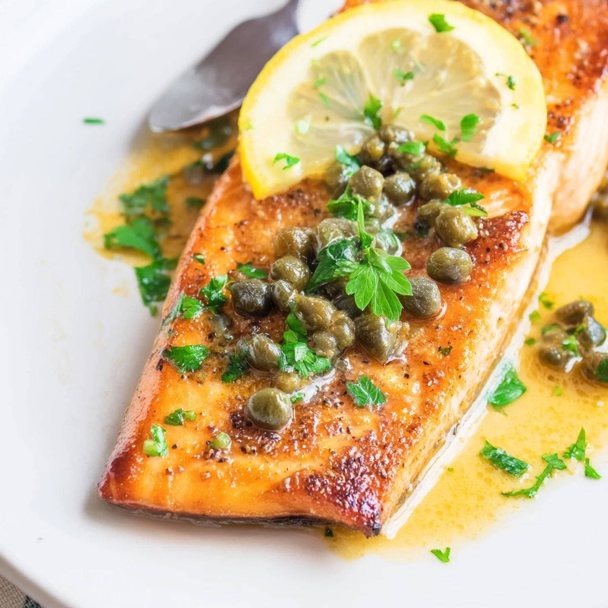 Crispy-dusted Salmon Piccata spooned with silky lemon butter sauce, served over pasta