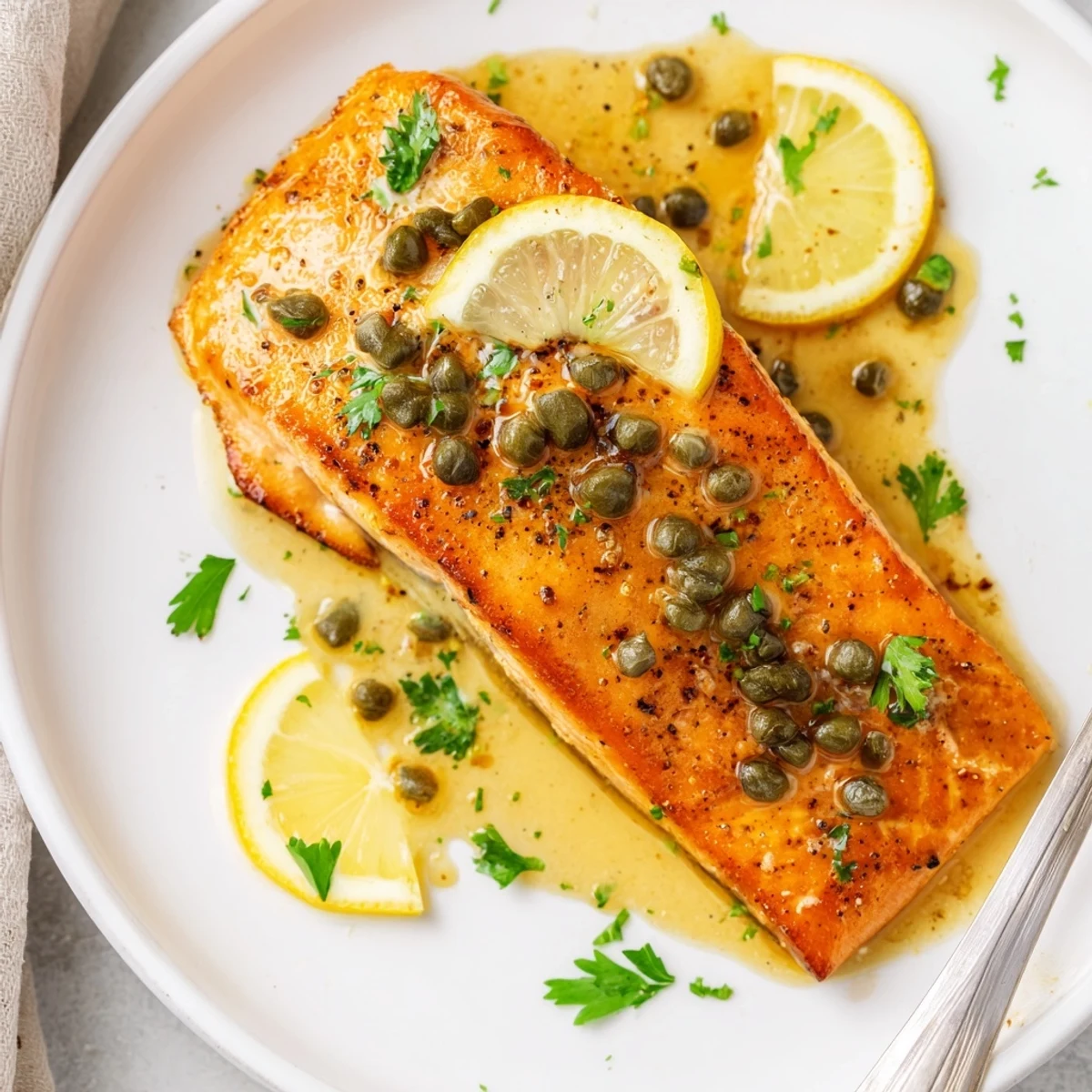 Fresh Salmon Piccata sizzling in skillet, bright lemon aroma, capers visible