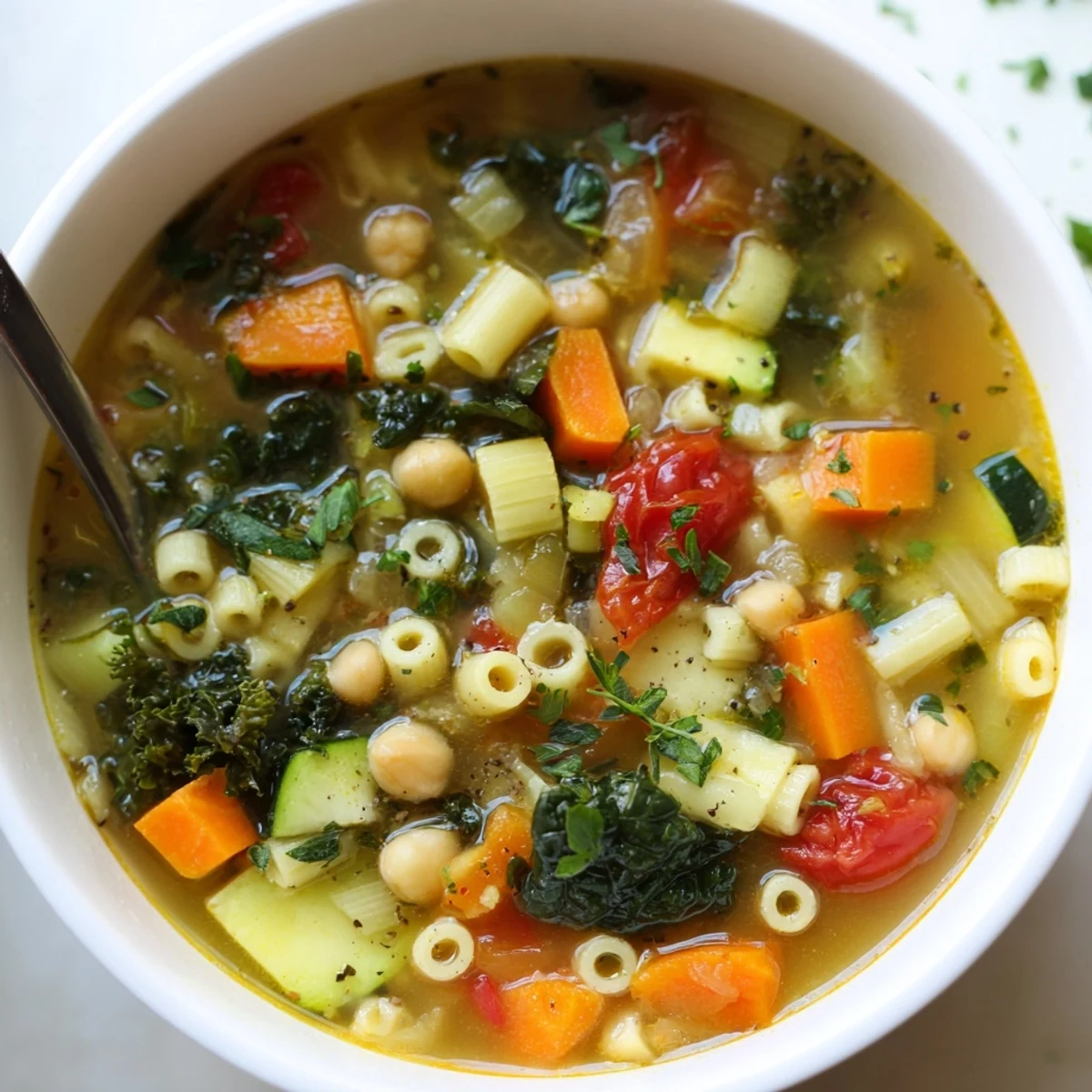 Steaming bowl of Vegan Italian Penicillin Soup brimming with colorful vegetables, herbs, and tender pasta