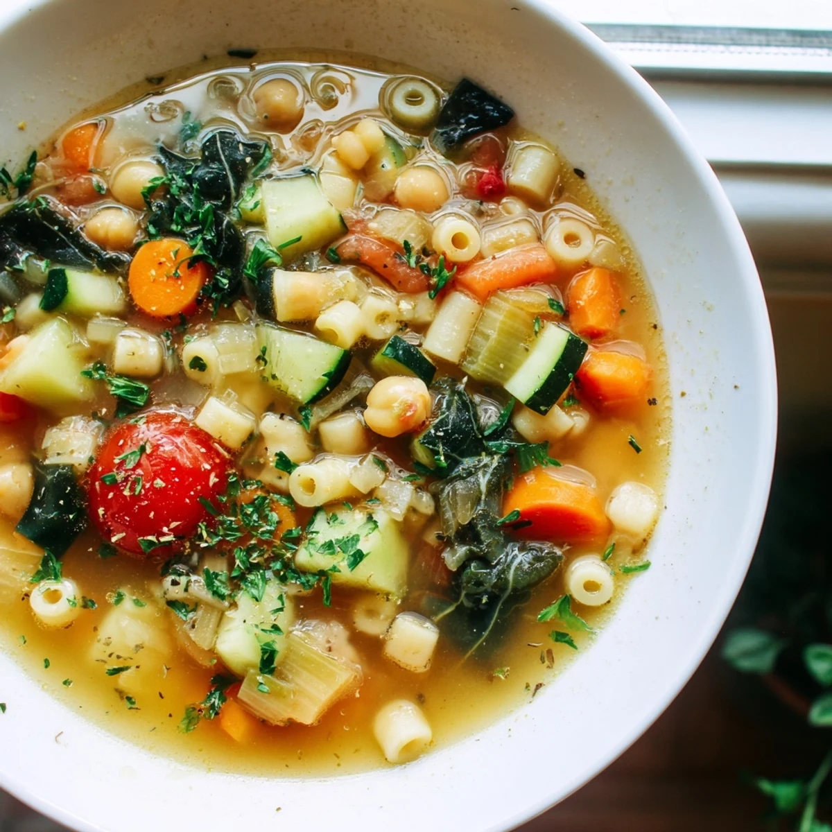 Golden Vegan Italian Penicillin Soup ladled into a rustic mug with fresh parsley and crusty bread