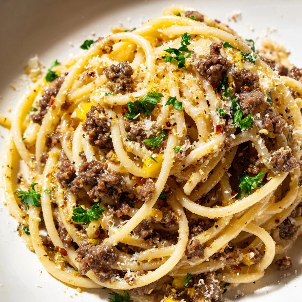 Creamy garlic butter pasta with ground beef topped with fresh parsley and Parmesan