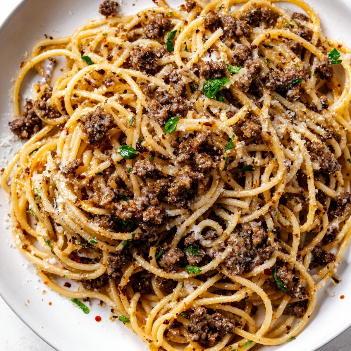 Steaming plate of garlic butter pasta with ground beef garnished with chopped parsley