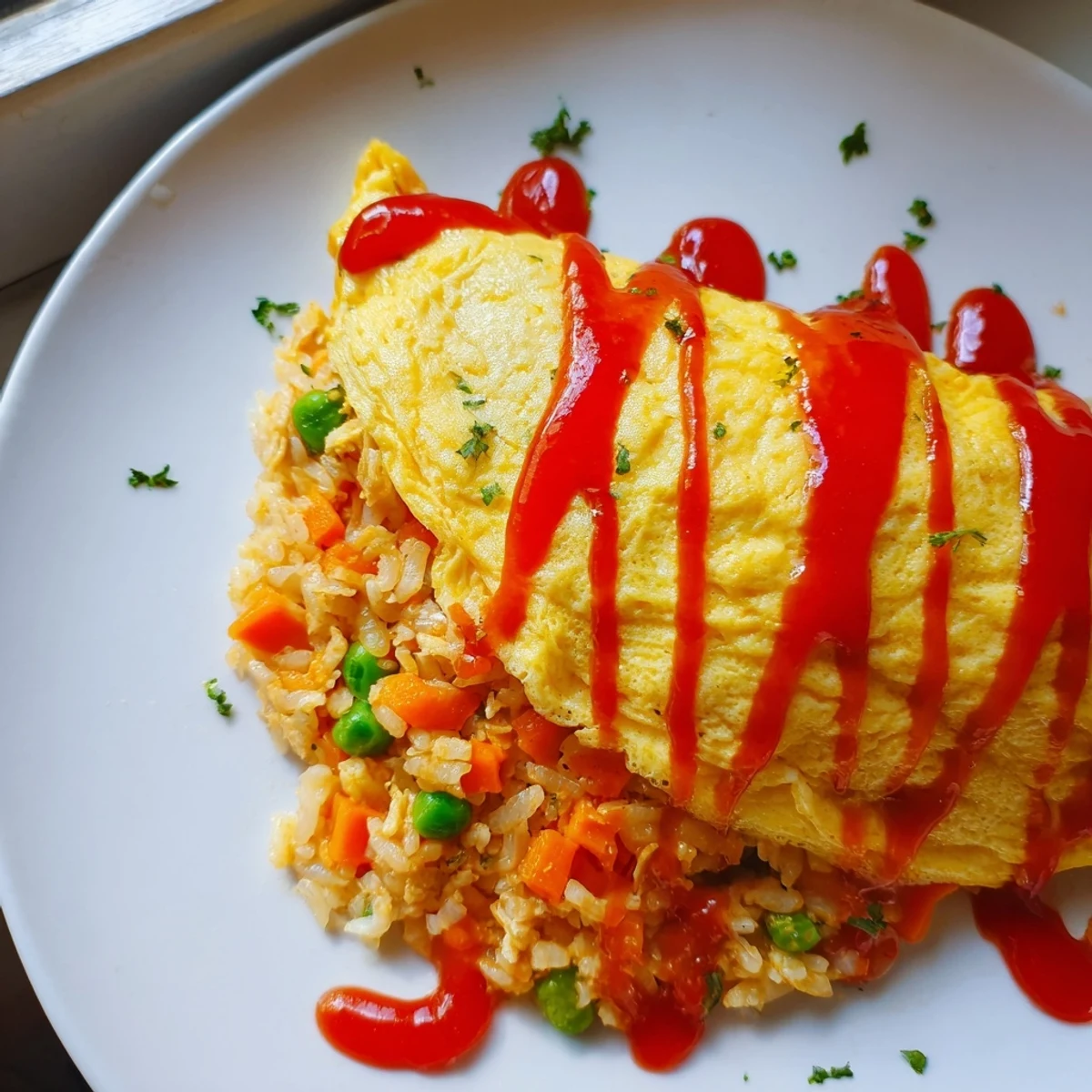 Golden omurice wrapped in a fluffy omelette drizzled with ketchup on a white plate