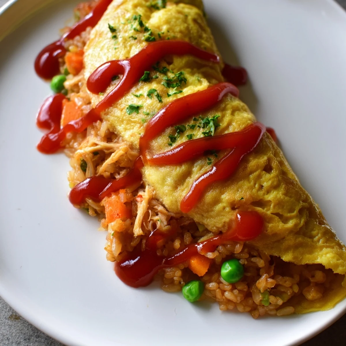 Steaming omurice served on a plate with tender yellow omelette and savory fried rice