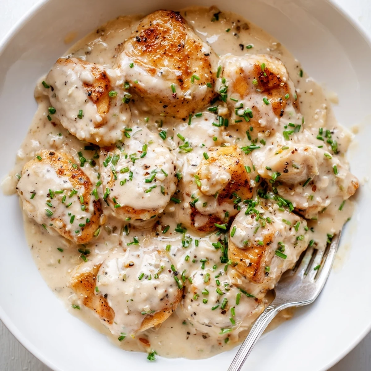 Creamy garlic cream cheese chicken in a golden skillet with fresh herbs sprinkled on top