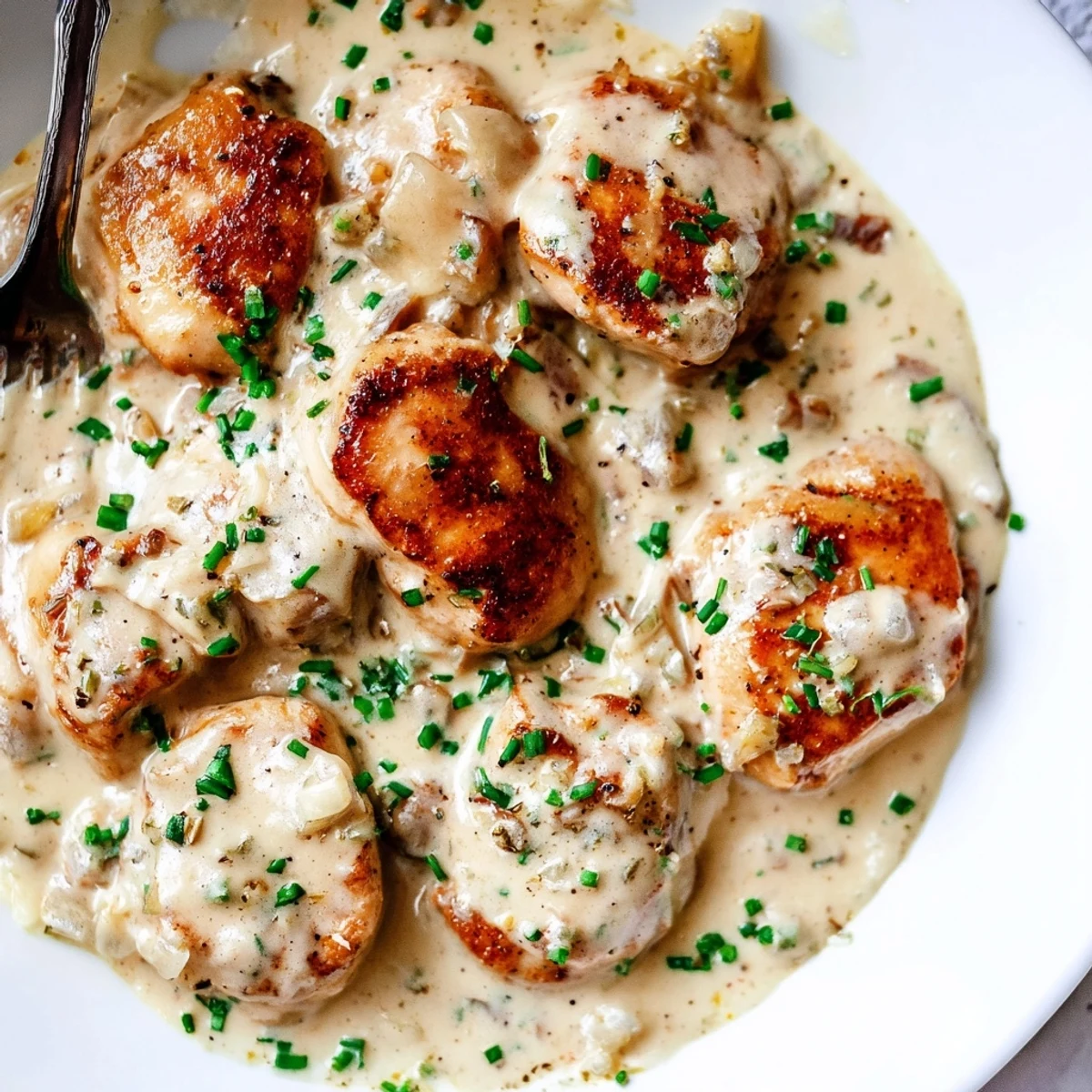 Tender cream cheese chicken breasts coated in a rich Parmesan sauce ready to serve
