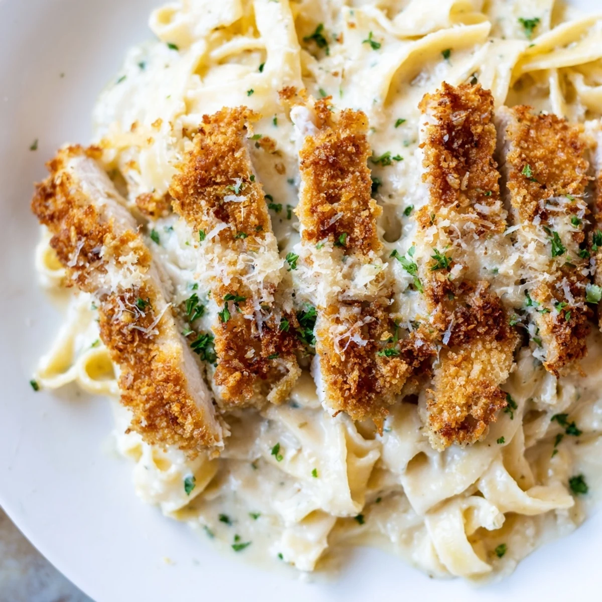 Creamy Family Friendly Crispy Chicken Alfredo topped with golden breaded cutlets and fresh parsley
