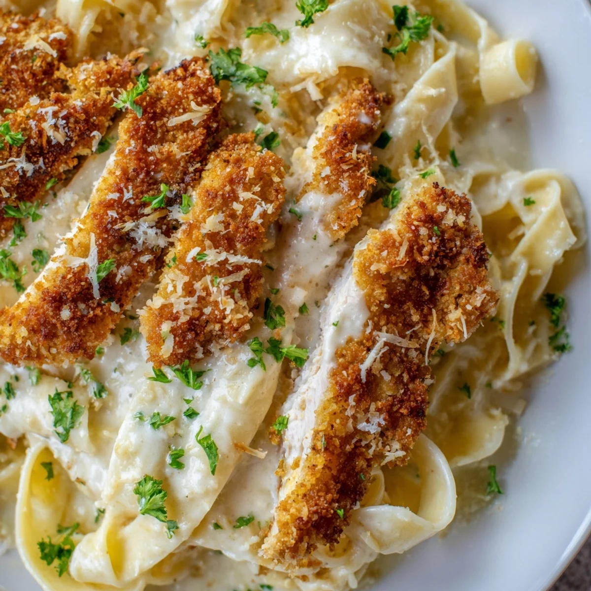 Family Friendly Crispy Chicken Alfredo served over steaming fettuccine in rich Parmesan cream sauce