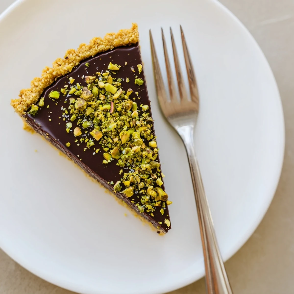 Dark Chocolate Pistachio Tart with glossy ganache filling and chopped pistachio topping on elegant plate