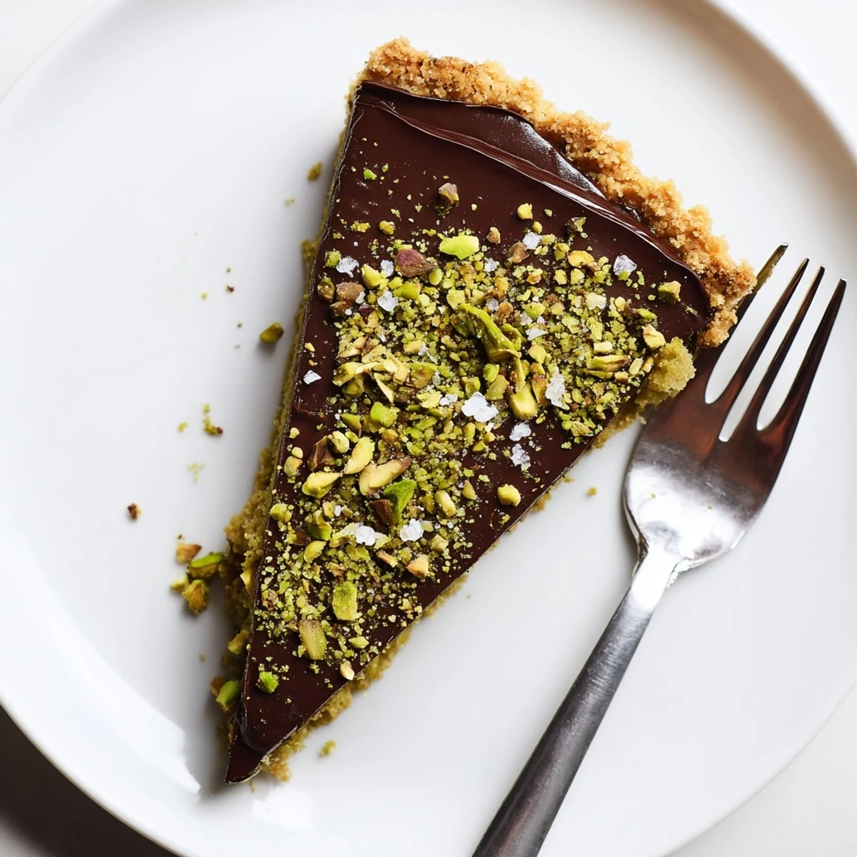 Silky dark chocolate ganache poured into golden pistachio crust tart garnished with flaky sea salt