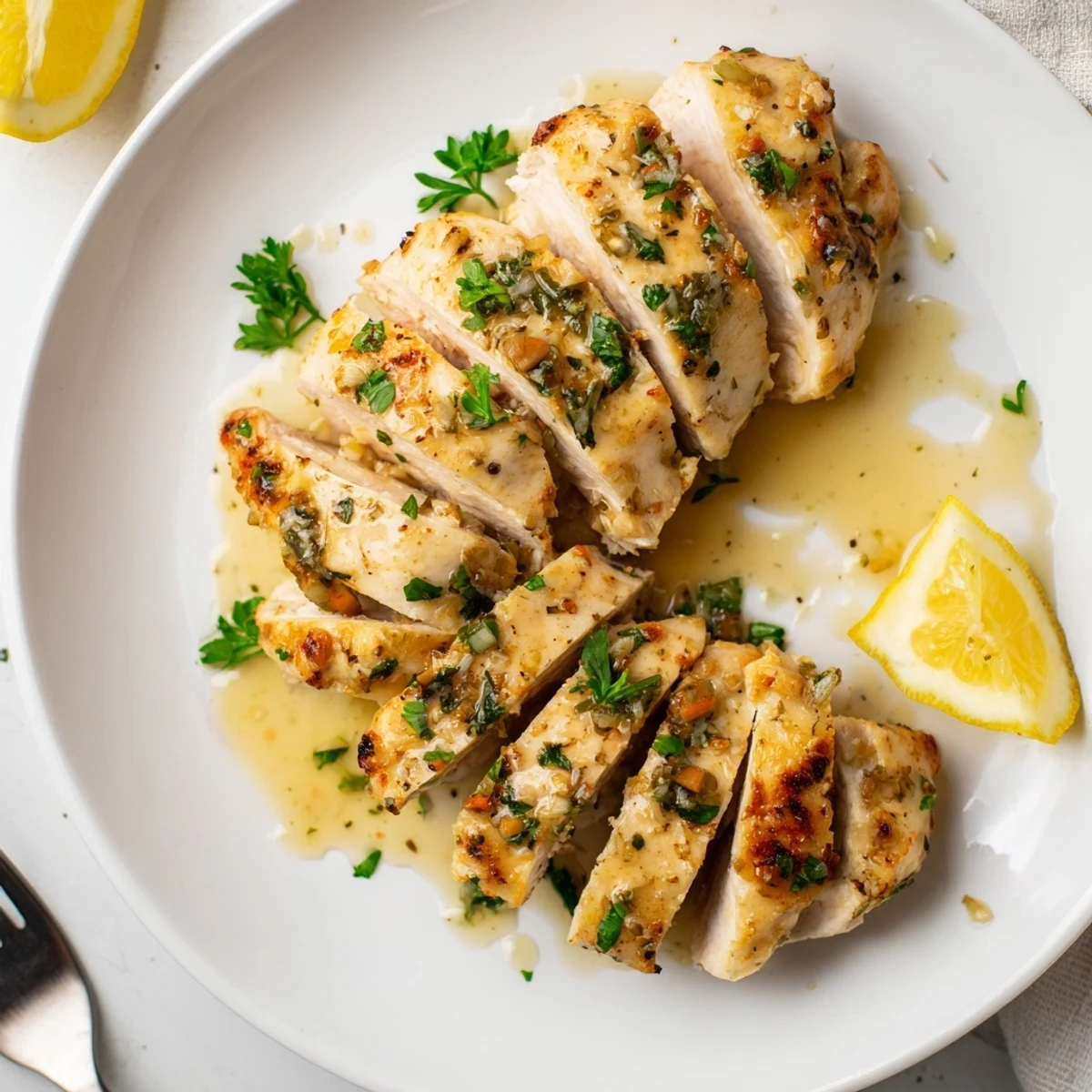 Golden garlic butter baked chicken breast with herbs in a bubbling baking dish