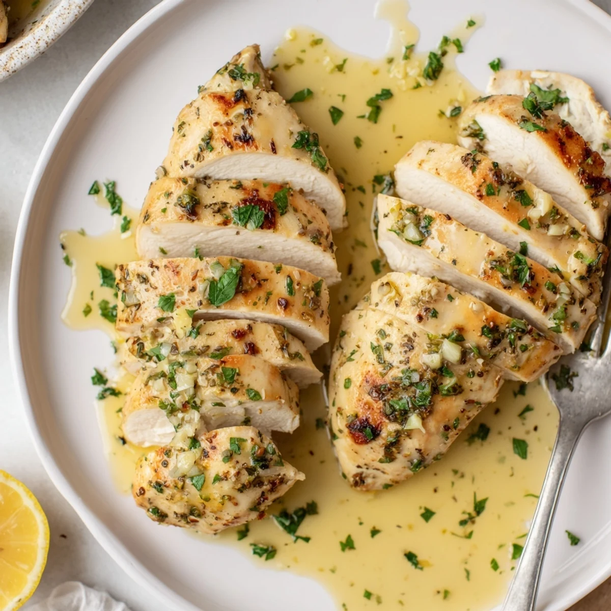 Juicy garlic butter baked chicken breast sliced open showing tender seasoned meat