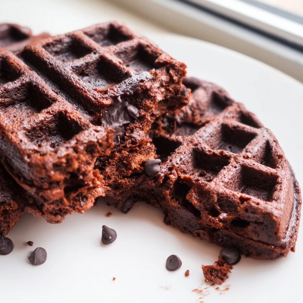 Warm fudgy brownie waffles fresh off the iron with crisp golden edges