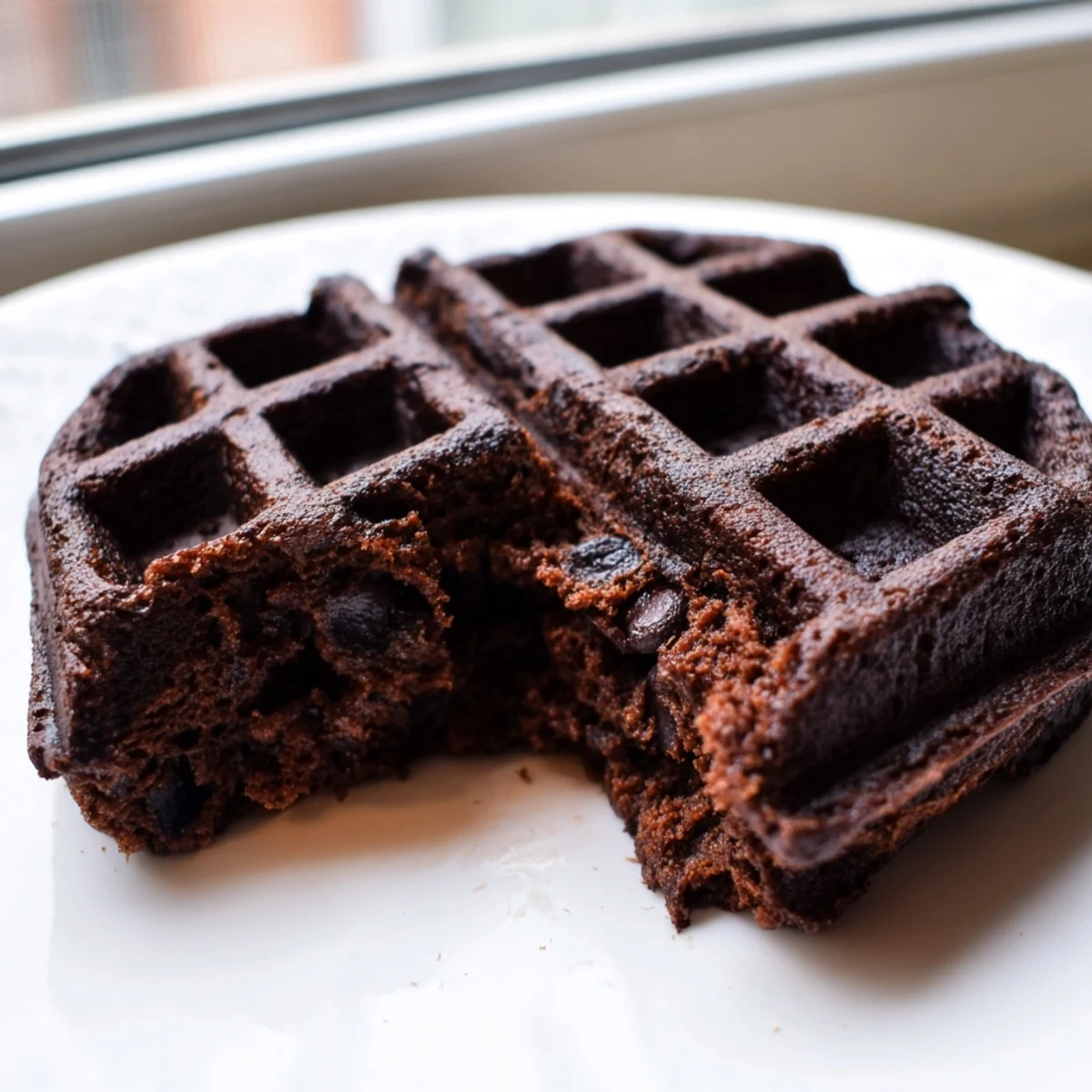 Thick fudgy brownie waffles drizzled with rich chocolate sauce on a plate