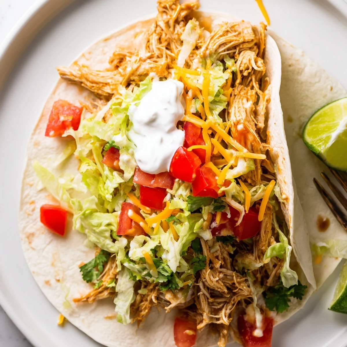 Juicy slow cooker ranch chicken tacos topped with melted cheese and fresh cilantro