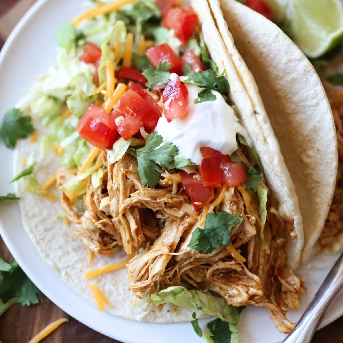 Warm corn tortillas filled with tender slow cooker ranch chicken tacos and crisp lettuce