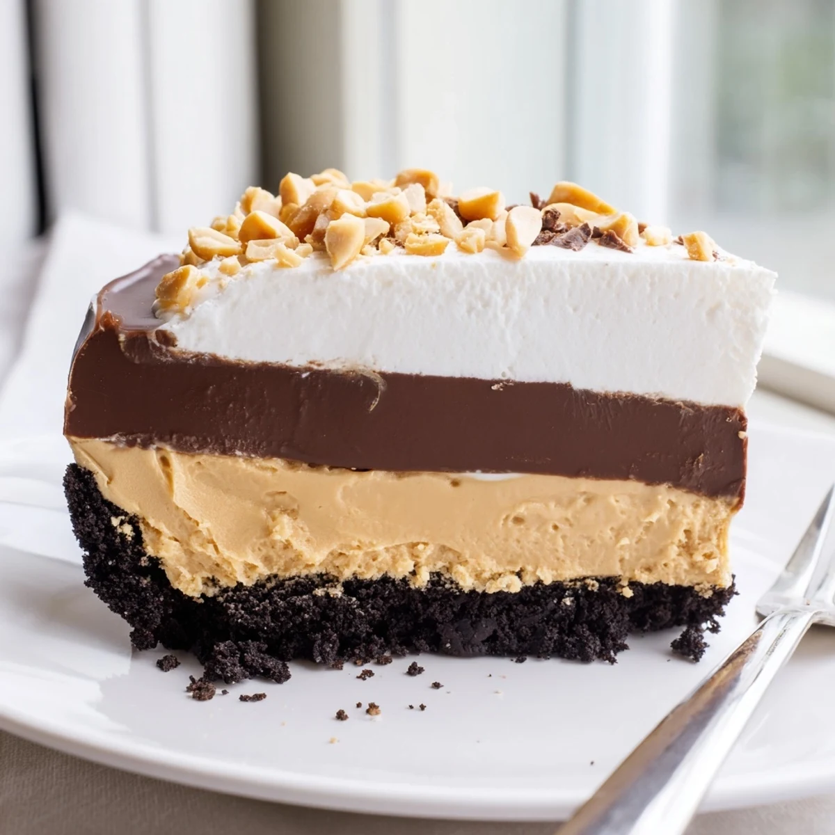 Peanut butter layered delight sliced into squares topped with whipped cream and peanuts