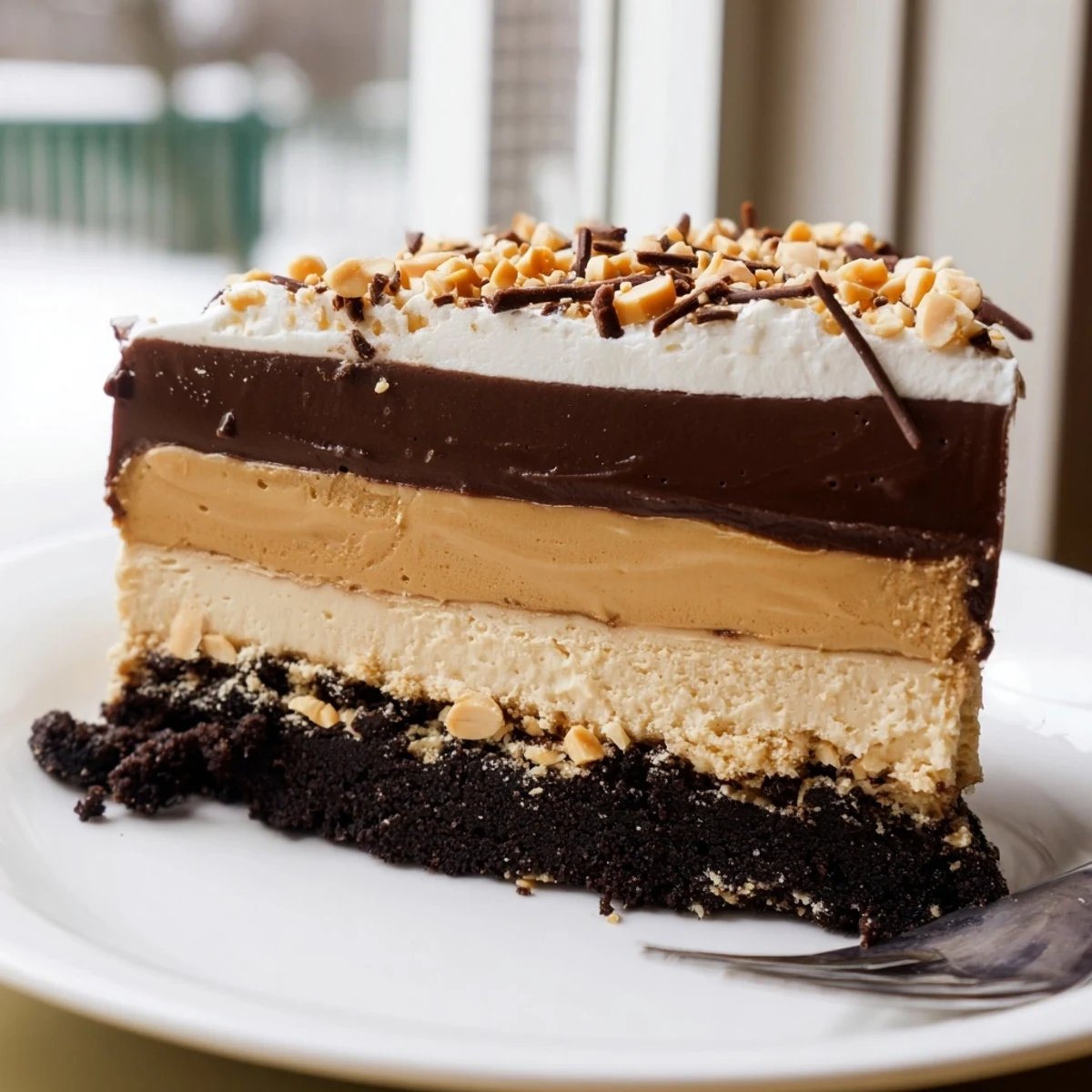 Creamy peanut butter layered delight with rich chocolate ganache and cookie crust