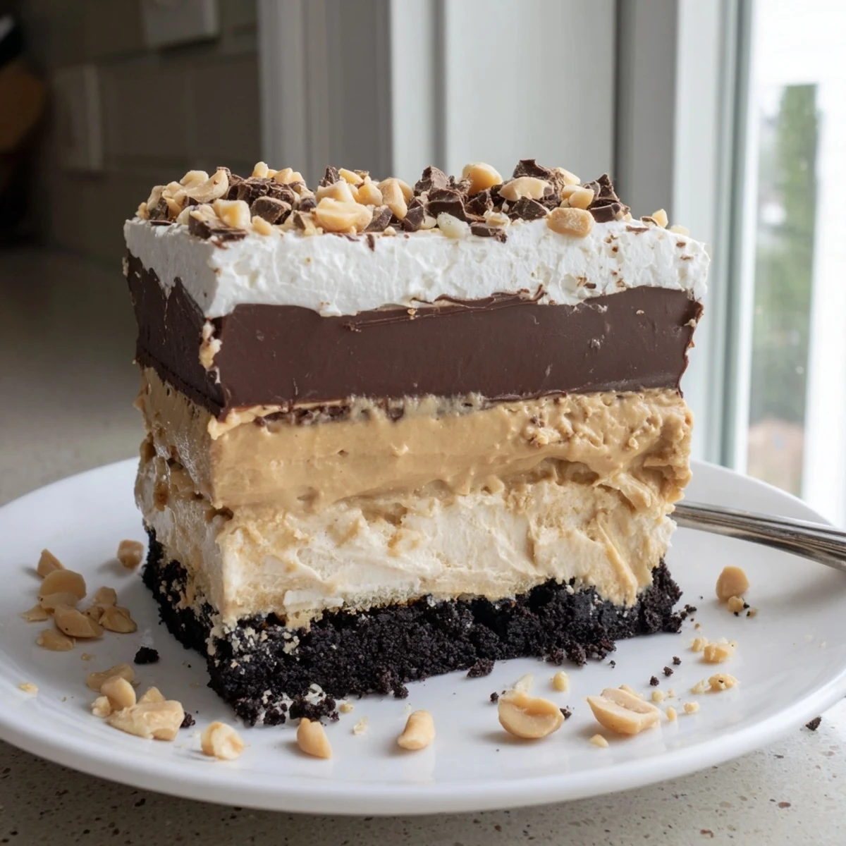 Golden peanut butter layered delight showing velvety chocolate and peanut butter layers
