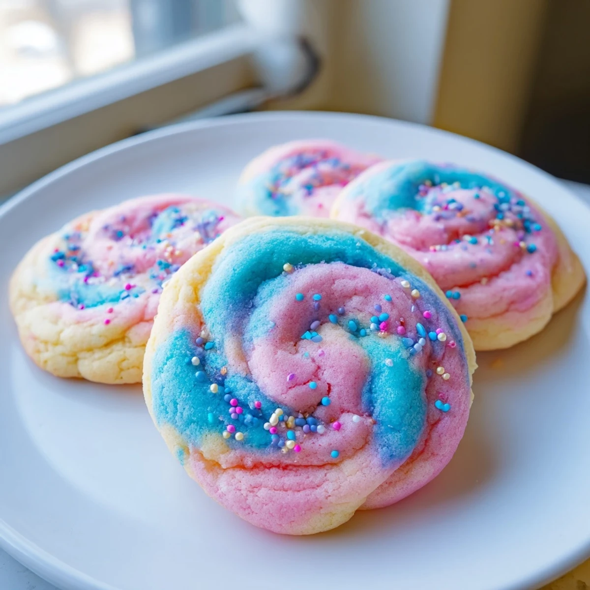 Cotton candy cookies arranged on a white plate topped with colorful pastel sprinkles for parties