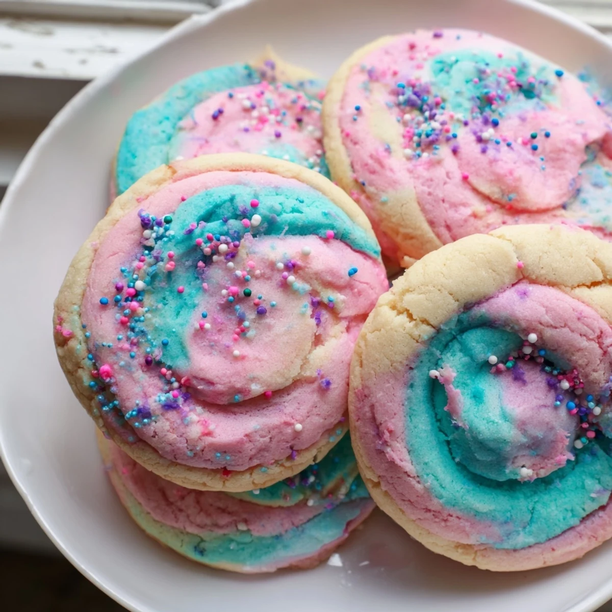 Soft cotton candy cookies with swirled pink and blue pastel colors on a rustic baking sheet