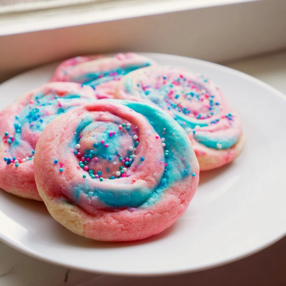 Golden-edged cotton candy cookies with marbled pink and blue dough cooling on a wire rack