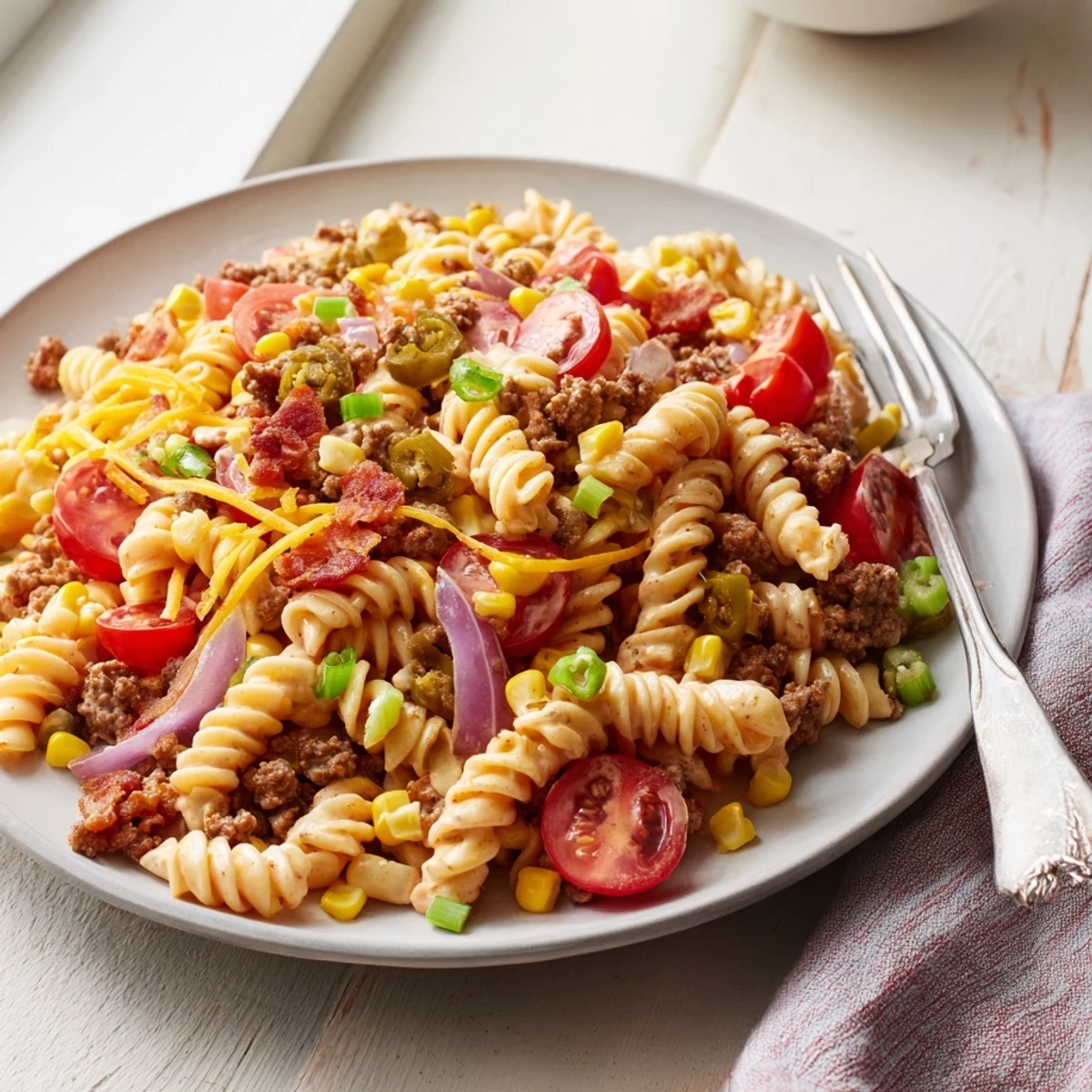 Cowboy Pasta Salad loaded with beef, bacon, and corn in a creamy bowl