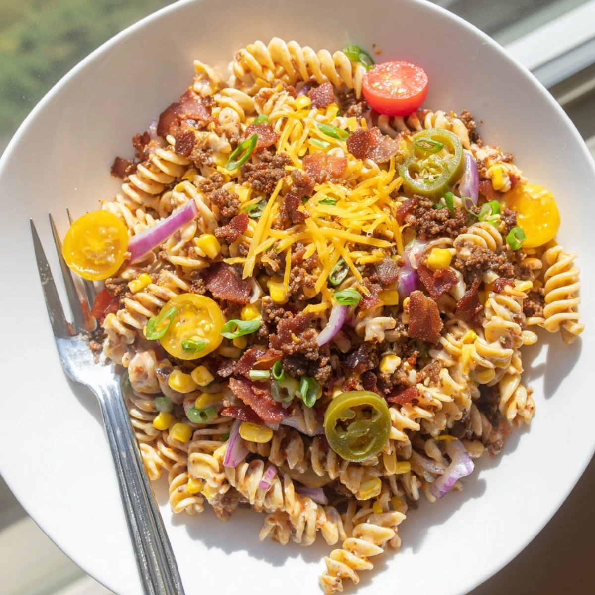Hearty Cowboy Pasta Salad topped with cheddar, tomatoes, and tangy BBQ ranch