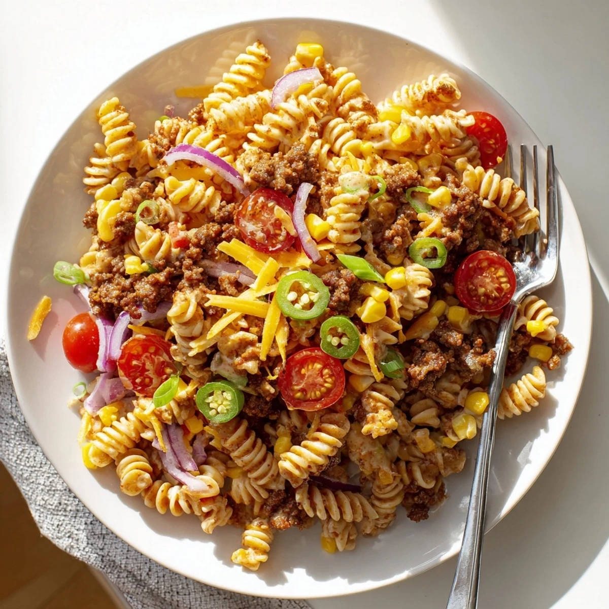 Colorful Cowboy Pasta Salad served cold with ground beef and crispy bacon bits