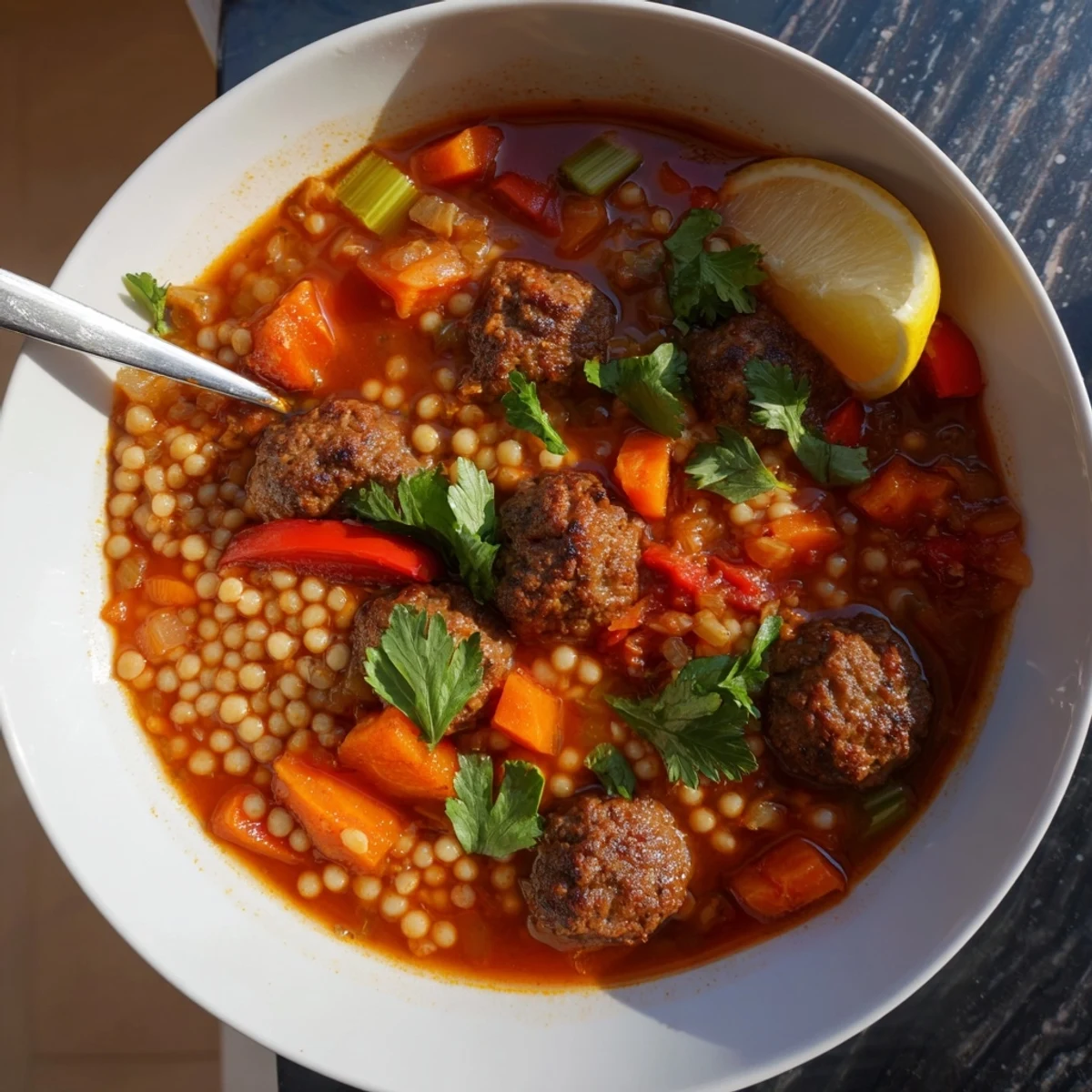 Steaming bowl of Mini Moroccan Meatball Couscous Soup topped with fresh herbs