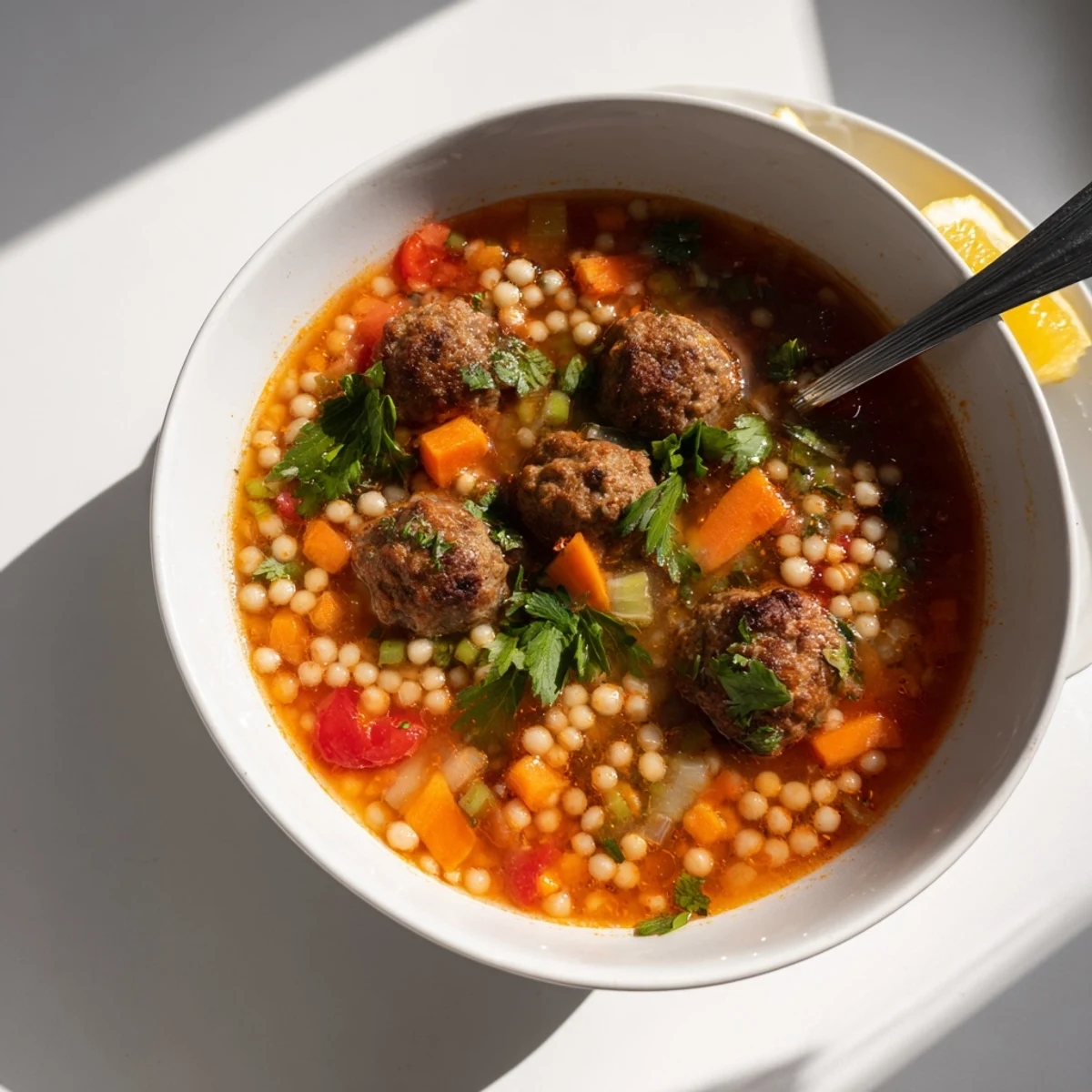 Mini Moroccan Meatball Couscous Soup served in a rustic bowl with crusty bread
