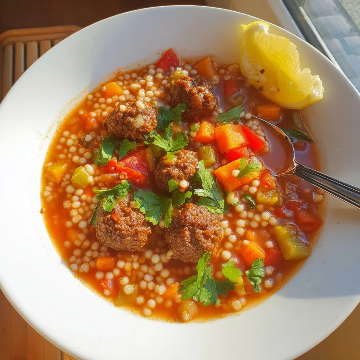 Golden Mini Moroccan Meatball Couscous Soup brimming with spiced meatballs and vegetables