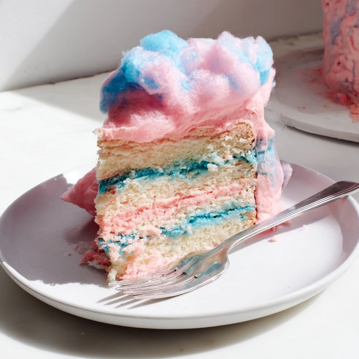 Swirled pink and blue cotton candy cake topped with fluffy pastel buttercream and spun sugar garnish