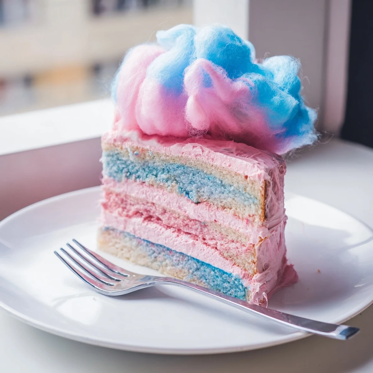 Cotton candy cake recipe featuring marbled vanilla layers, swirled frosting, and a cloud-like cotton candy crown