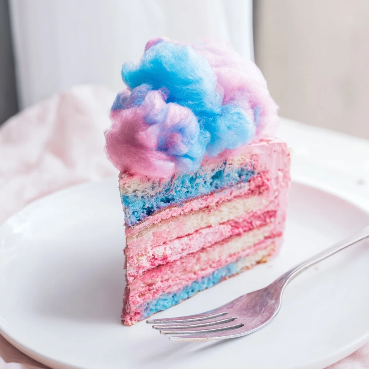 A festive cotton candy cake with tender crumb, swirled pink and blue buttercream, served on a dessert stand