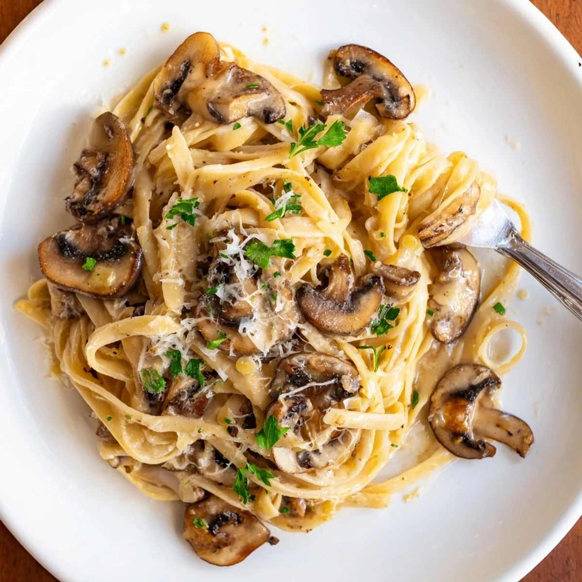 Creamy Brown Butter Mushroom Pasta topped with fresh parsley and golden caramelized mushrooms