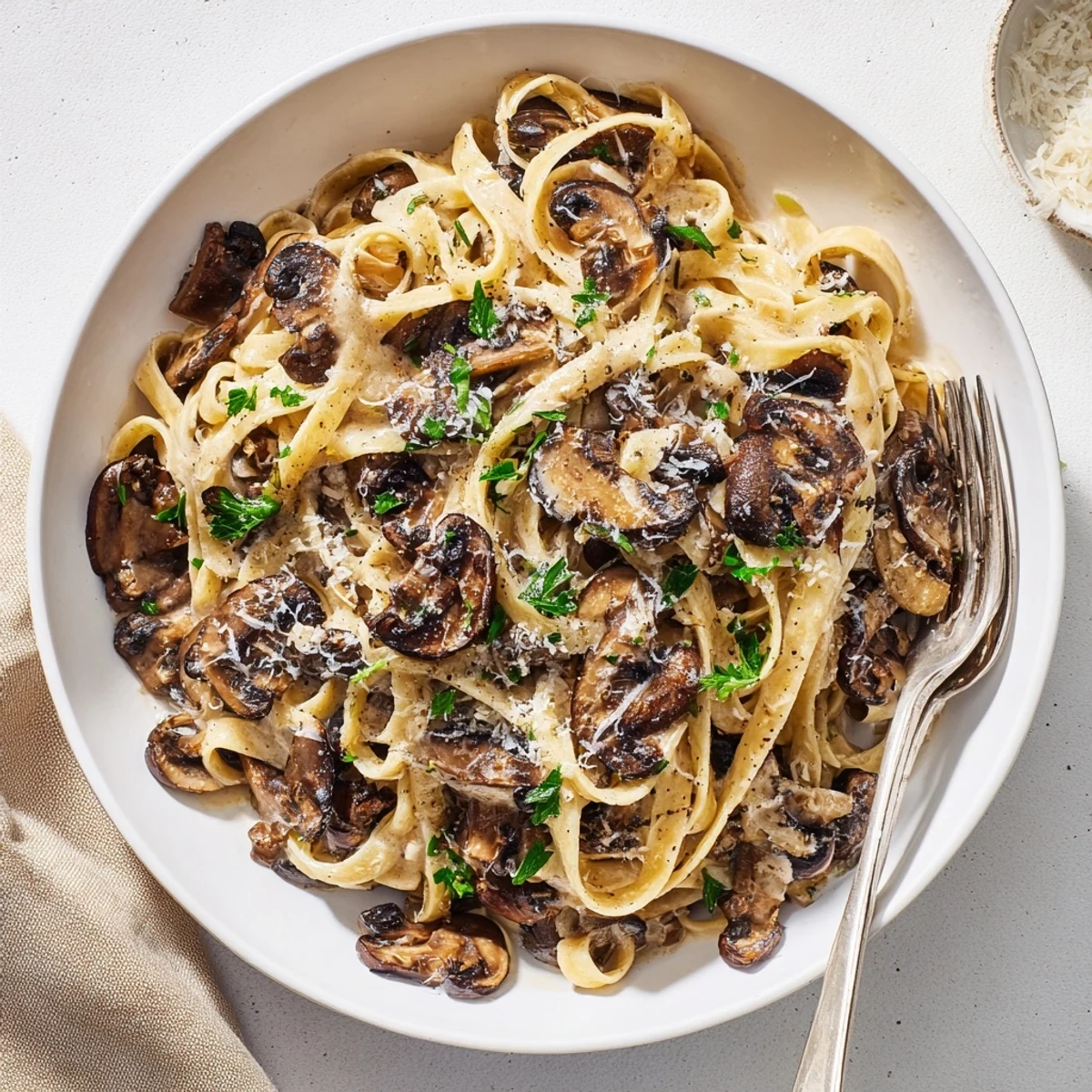 Steaming bowl of Creamy Brown Butter Mushroom Pasta coated in velvety parmesan sauce