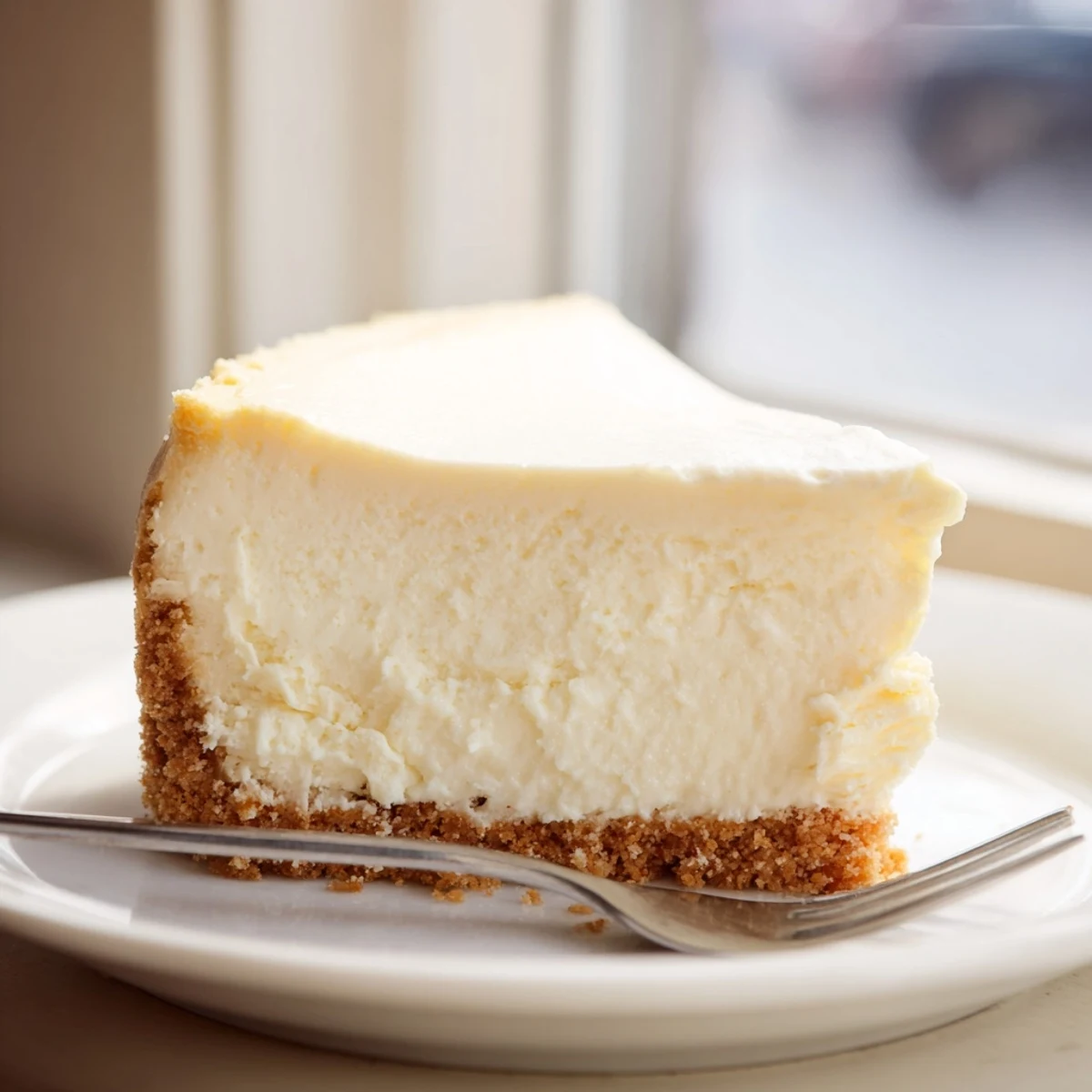 Creamy cheesecake with golden graham cracker crust sliced on a rustic white plate