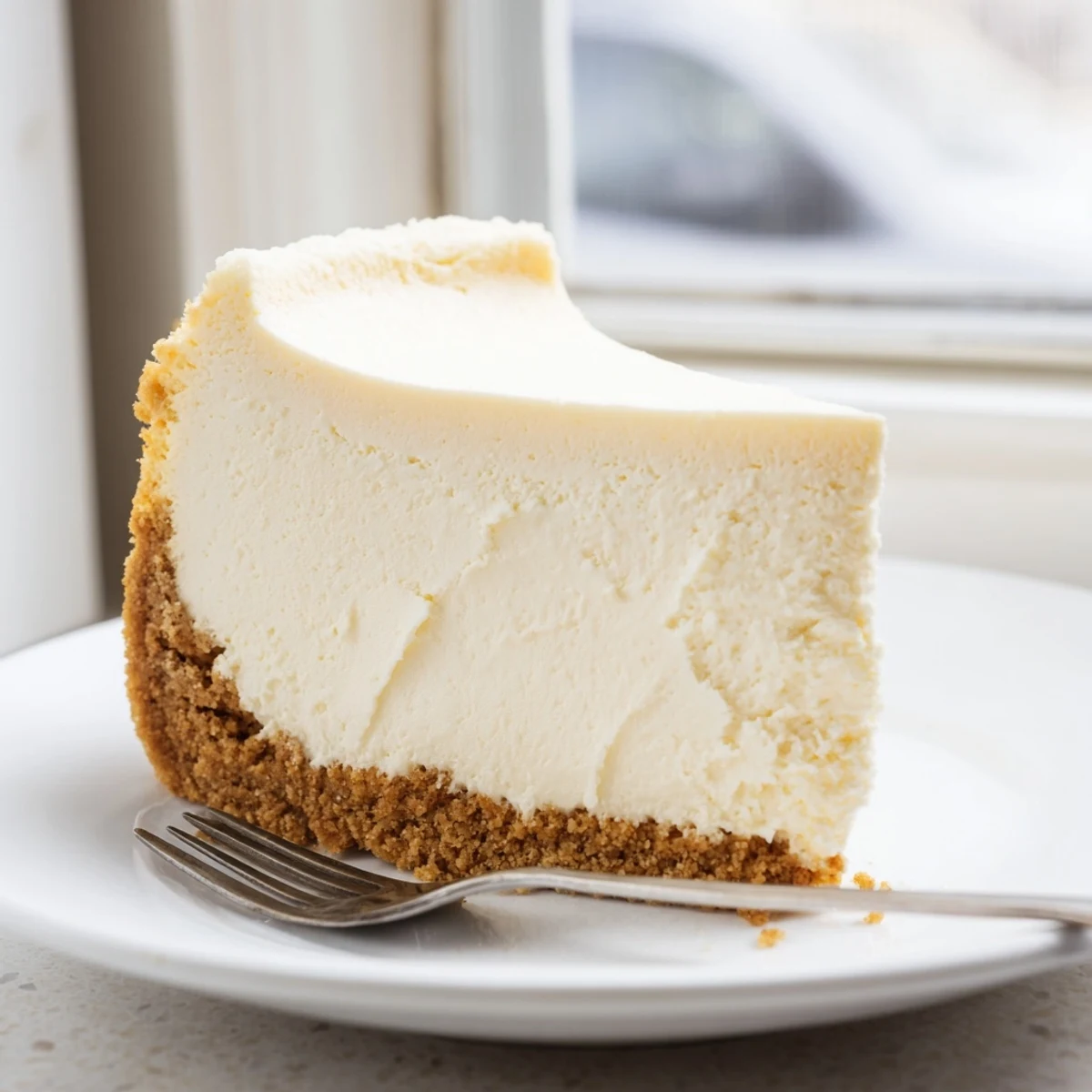 Classic American cheesecake boasting a buttery cookie crust and perfectly clean slice