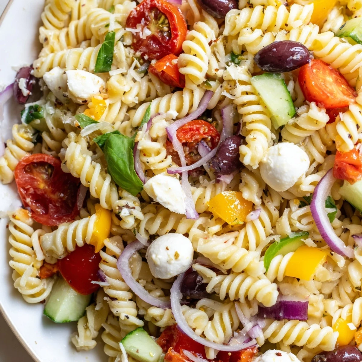 Colorful vegetarian Italian pasta salad tossed with cherry tomatoes, olives, and fresh basil in a rustic bowl