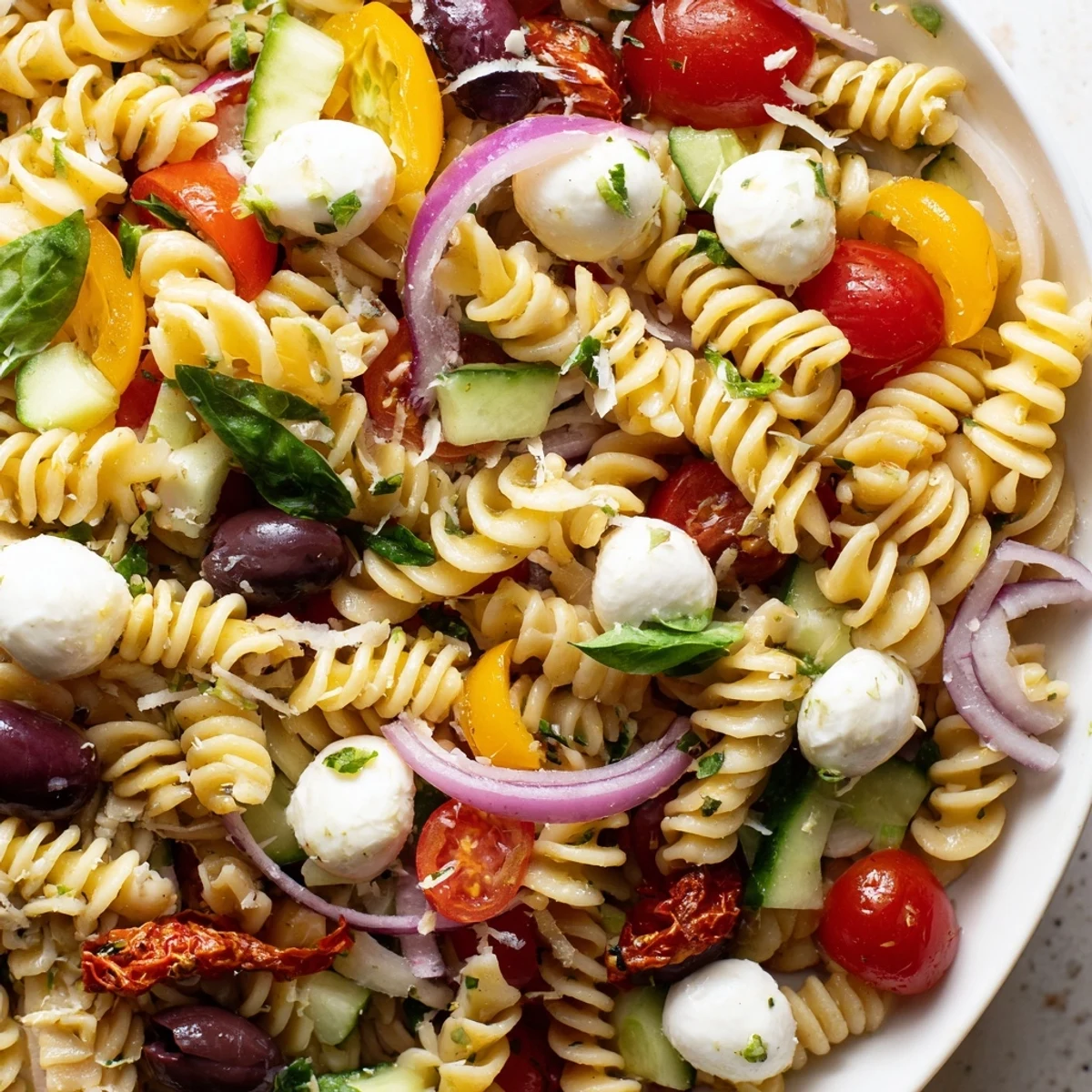 Creamy mozzarella and vibrant bell peppers crown this chilled vegetarian Italian pasta salad on a sunny patio table