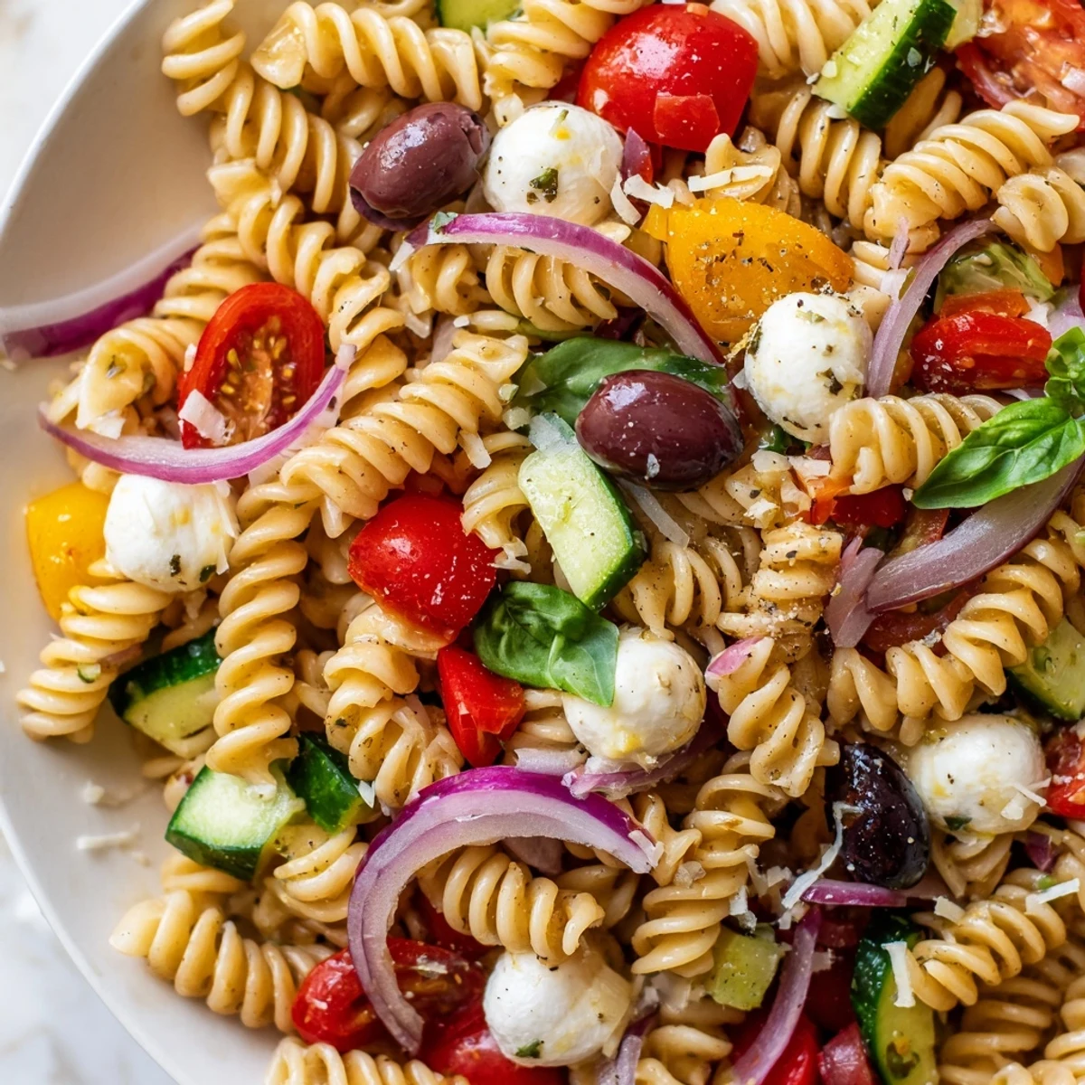 Tender fusilli coated in tangy red wine vinaigrette with sun-dried tomatoes and cucumber in this vegetarian Italian pasta salad