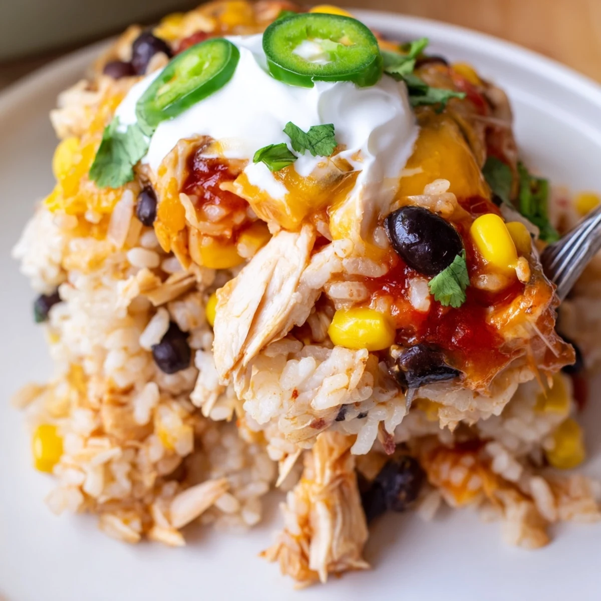 Golden bubbly chicken burrito casserole fresh from the oven with melted cheddar on top