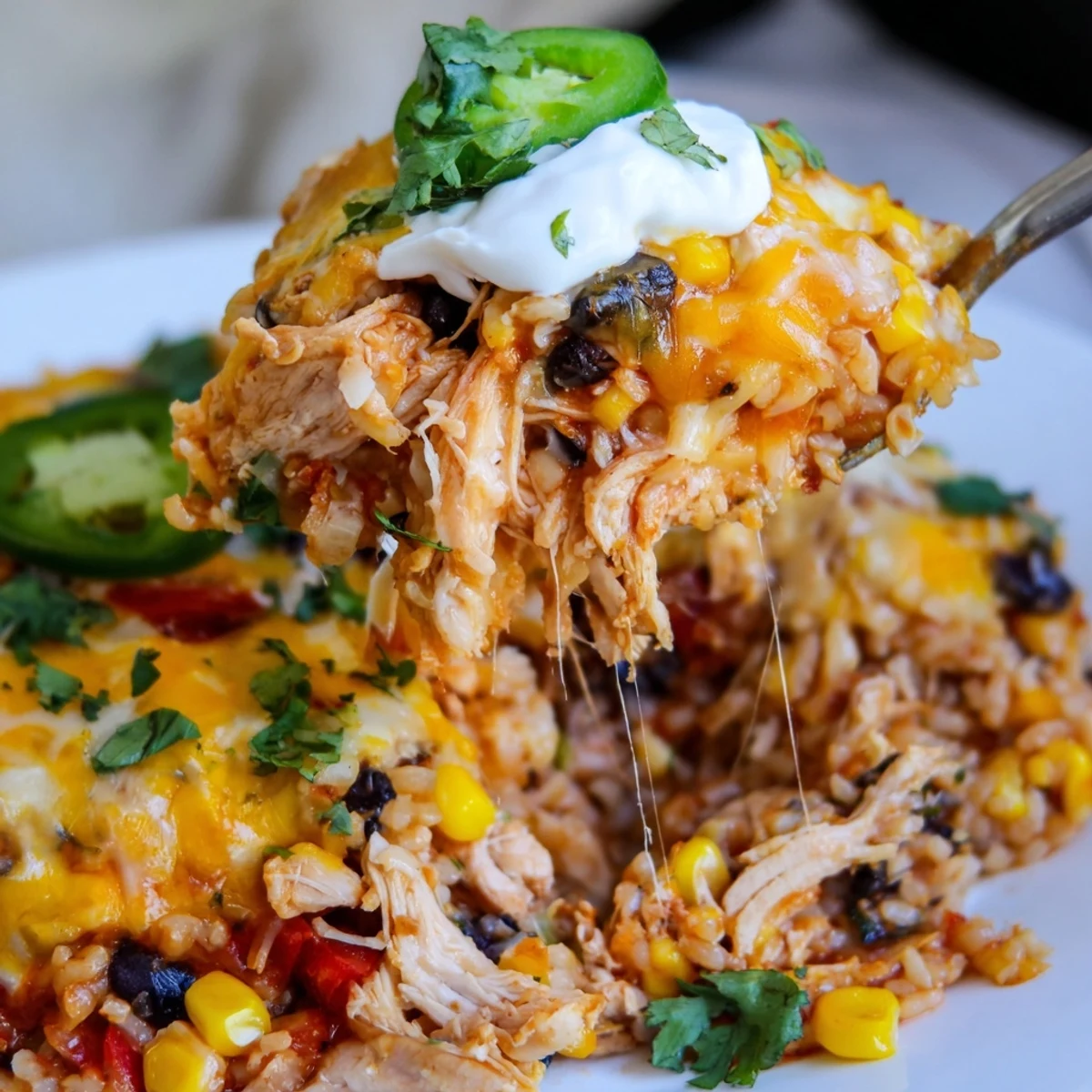 Creamy chicken burrito casserole loaded with black beans rice and gooey Monterey Jack cheese