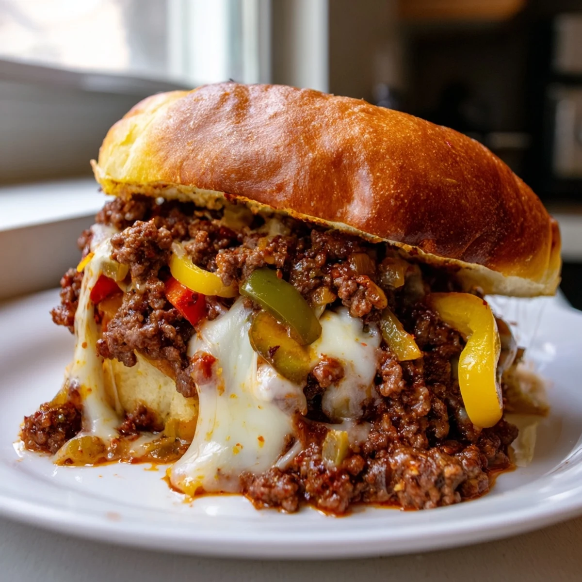 Melted provolone blankets savory cheesy Philly Sloppy Joes with colorful sautéed peppers