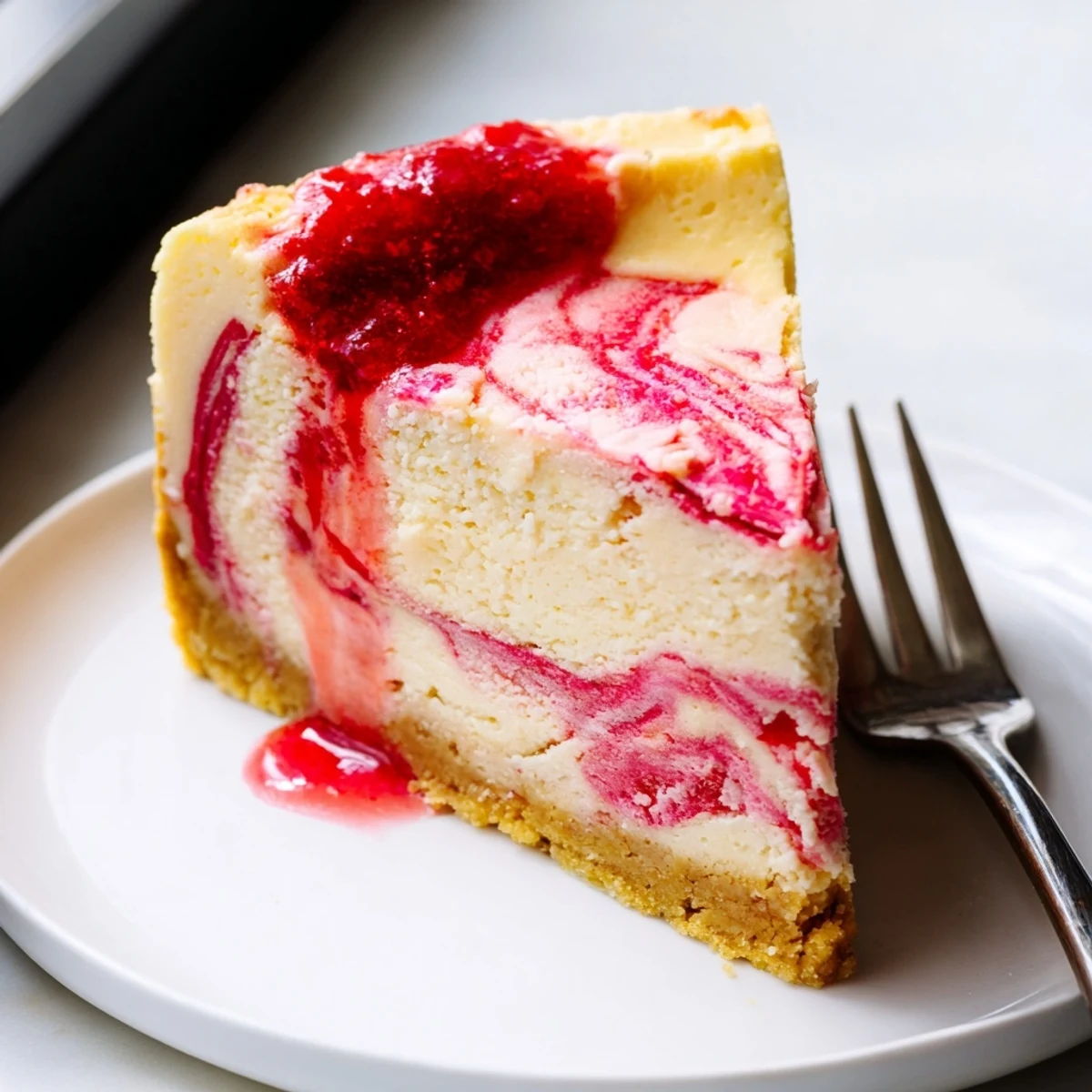 Creamy keto rhubarb cheesecake slice with vibrant pink swirl on a golden crust